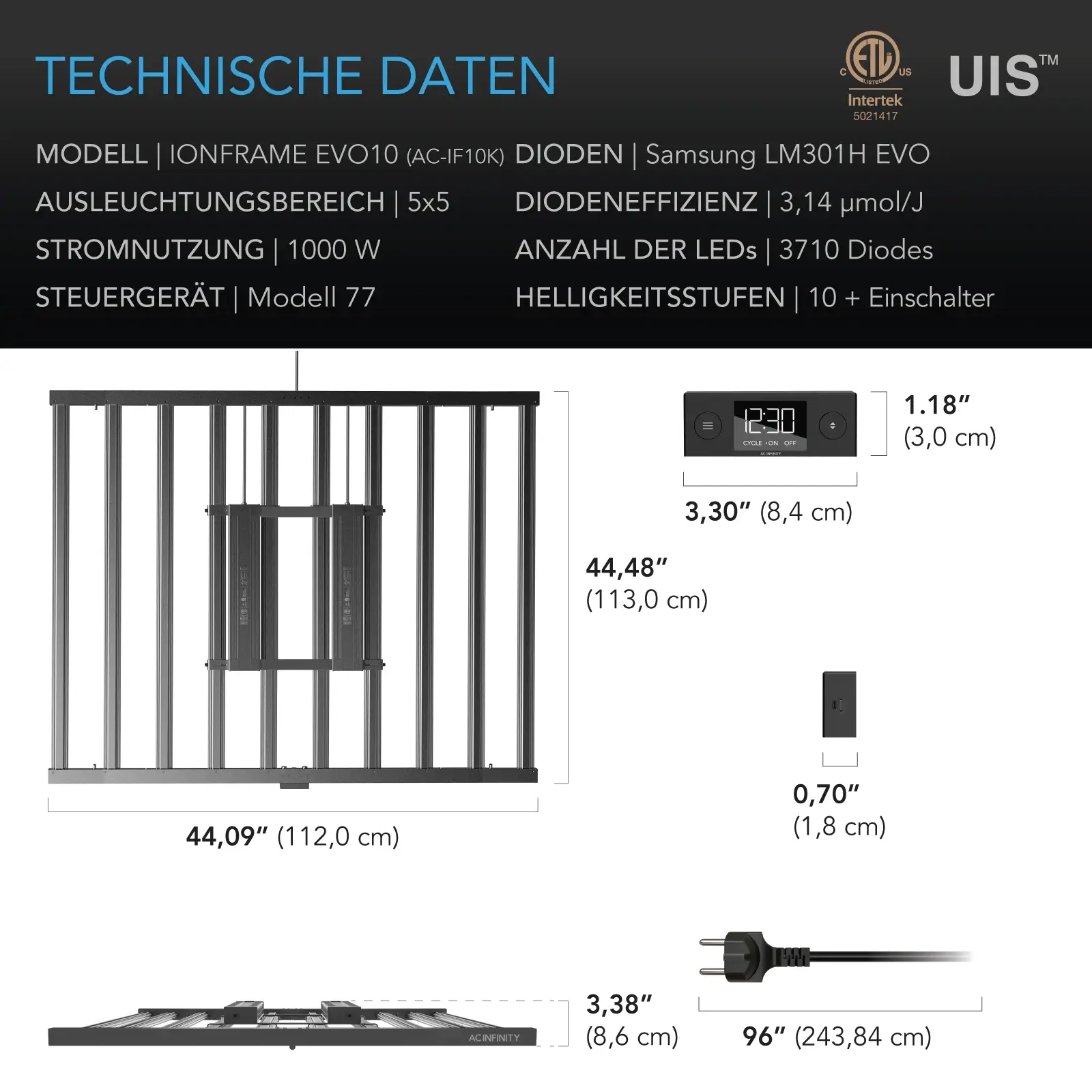AC Infinity IONFRAME EVO10 – 1000W Samsung LM301H EVO LED Growlampe für 150 × 150 cm – Bild 3