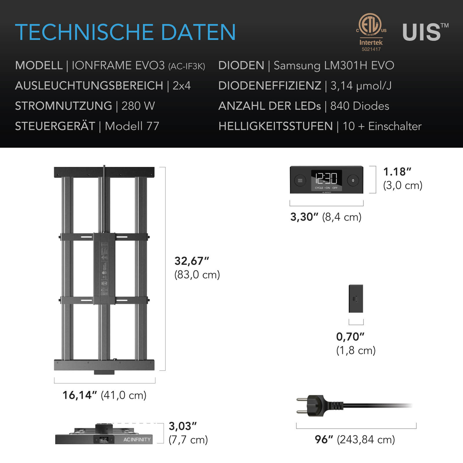 AC Infinity IONFRAME EVO3 – 280W Samsung LM301H EVO LED Growlampe für 120 × 60 cm – Bild 4