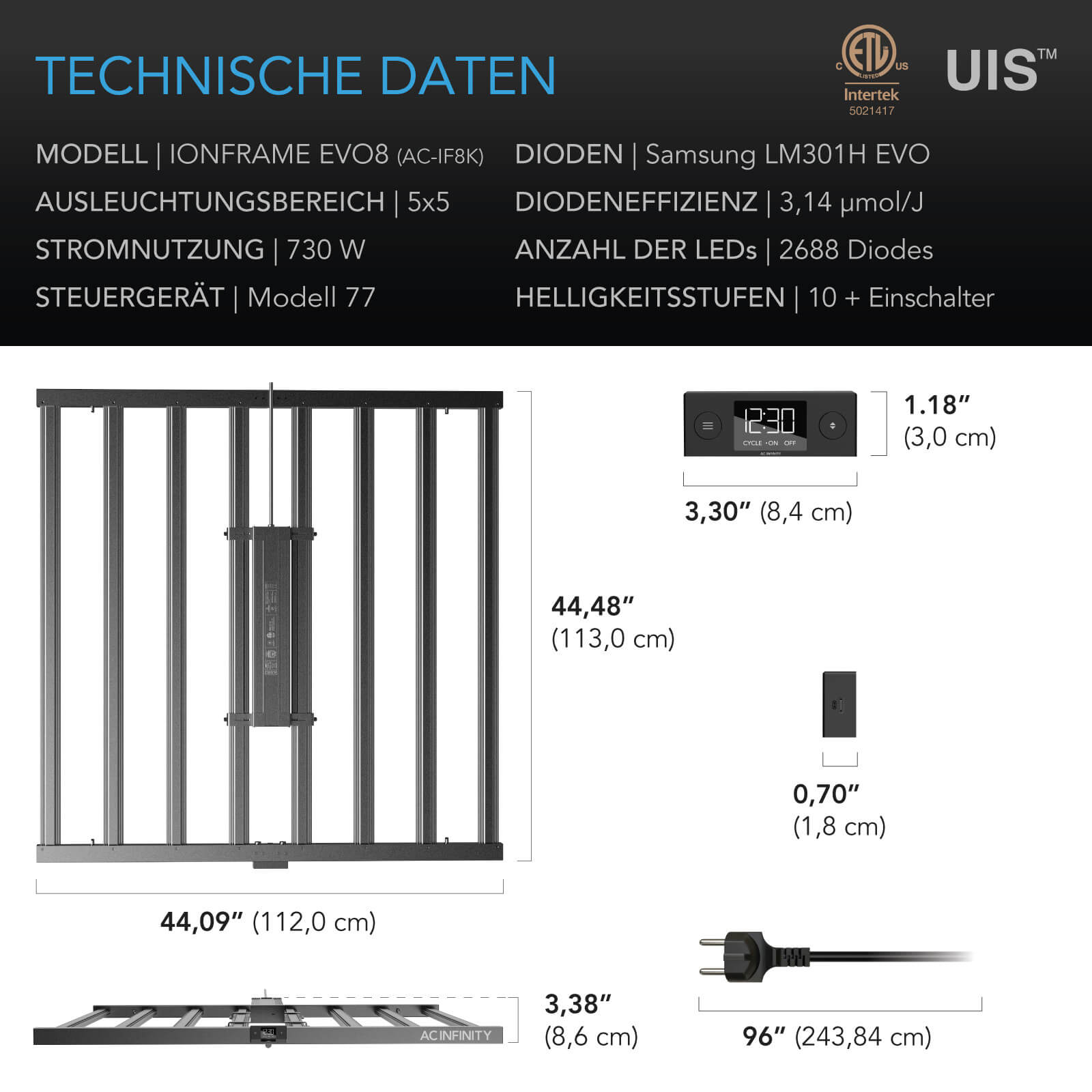 AC Infinity IONFRAME EVO8 – 730W Samsung LM301H EVO LED Growlampe für 150 × 150 cm – Bild 3